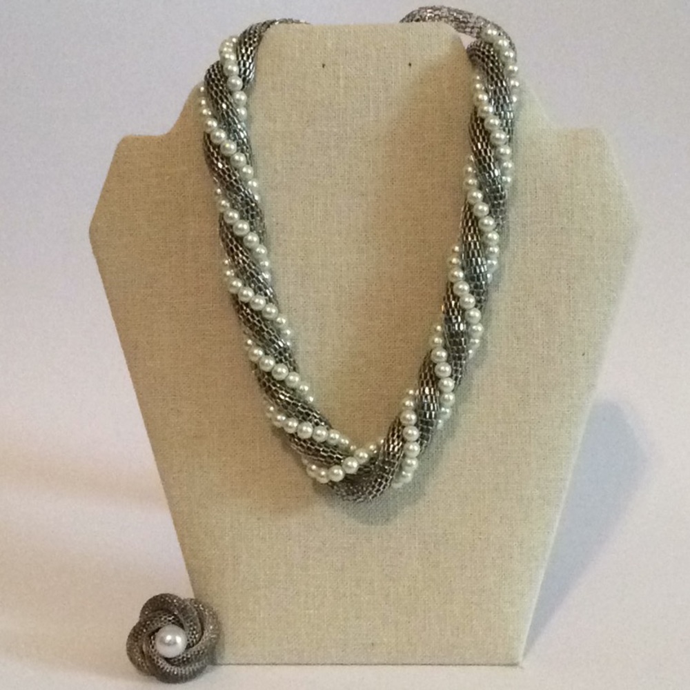 Silver & Pearl Rope Necklace & Ring Set